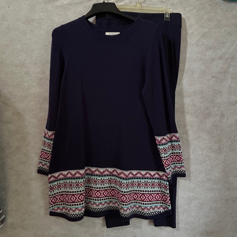 No Comment NY LA Navy Blue Fair Isle Tunic Sweater Womens Medium & Leggings 2pc